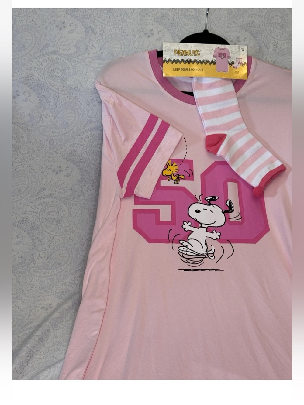 Peanuts Pink Snoopy & Woodstock Girls' Sleep Tee with Striped Socks - Picture 2 of 4
